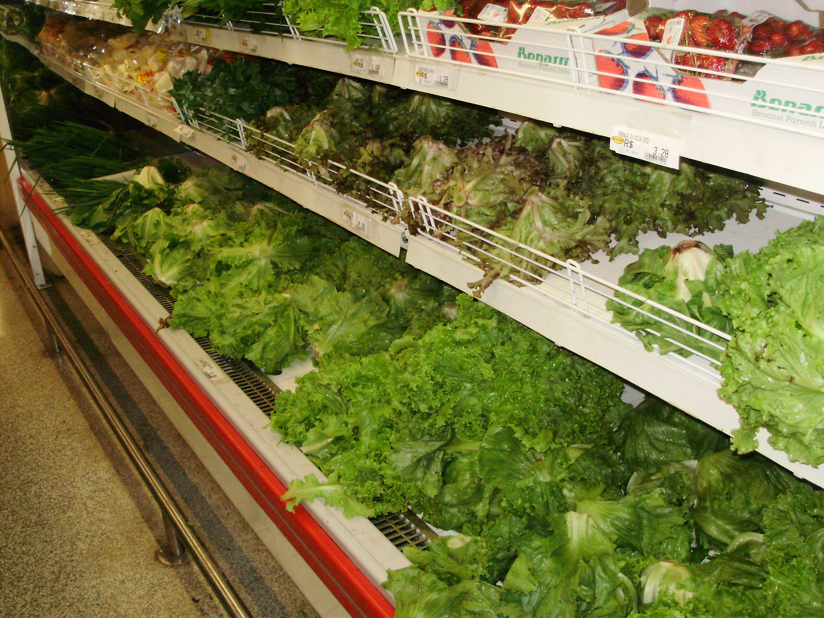 GNDOLA DE SUPERMERCADO COM VERDURAS - MAIS COLORIDAS ARTIFICIALMENTE E COM MAIS GUA EM SEU INTERIOR - MENOS SABOR E COM POUCA PROTENA - PQR-RMCTBA-PR-BR,2009